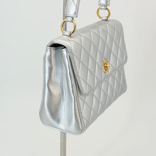 Chanel Silver Leather Top Handle Bag