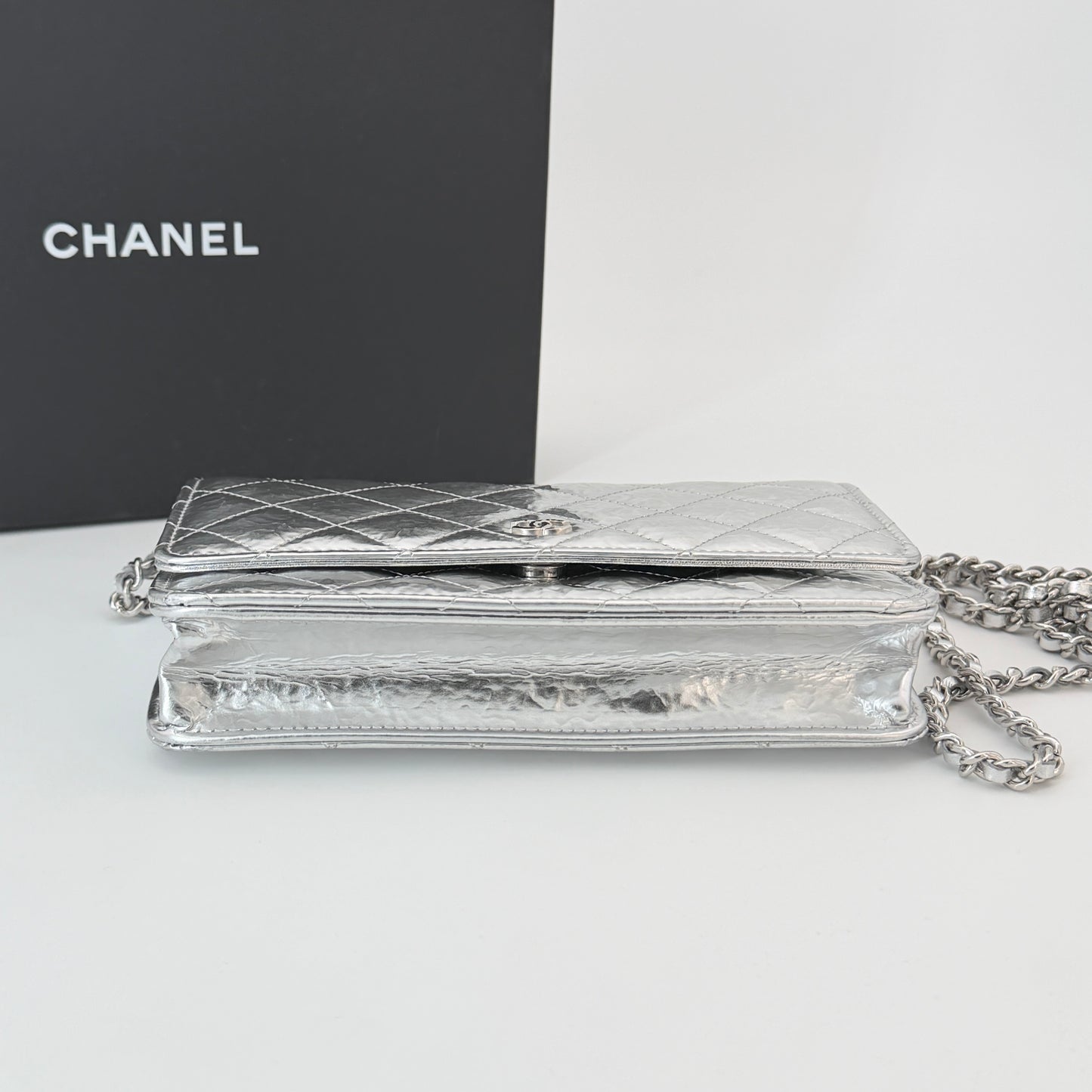 Chanel Hammered Metallic Calfskin Quilted Wallet On Chain