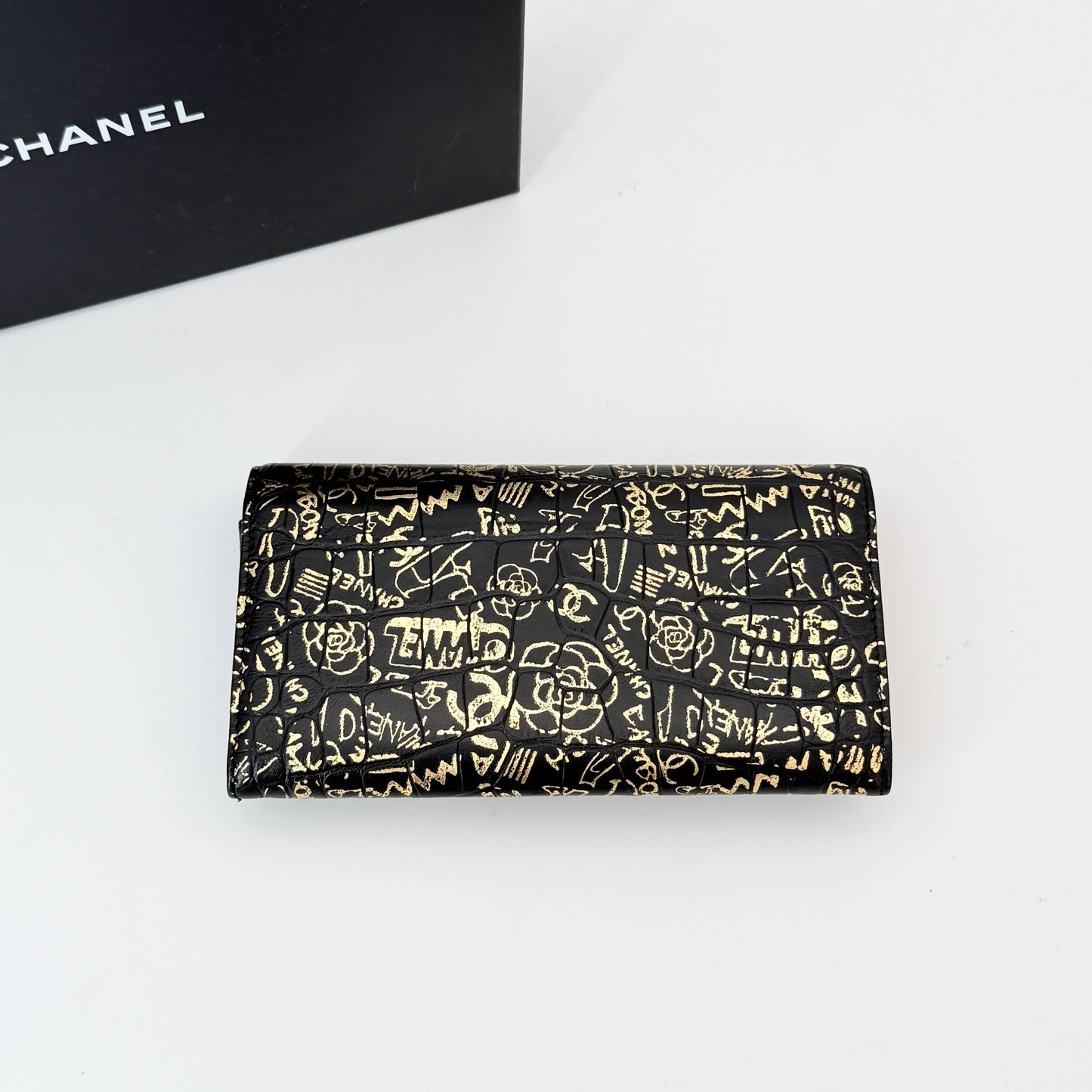 CHANEL 2.55 Long Wallet Croco Embossed Black Gold CC