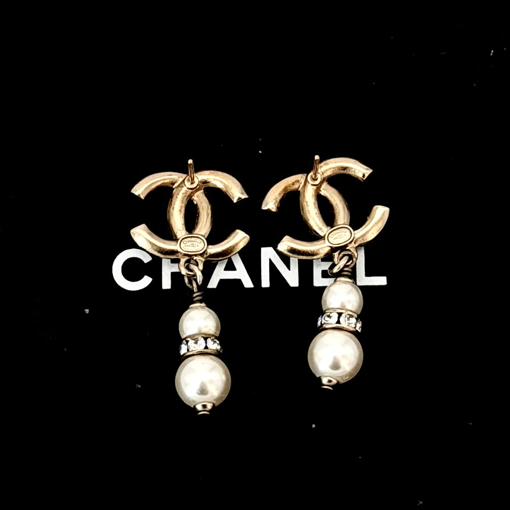 Chanel CC Gold Tone Faux Pearl Drop Earrings
