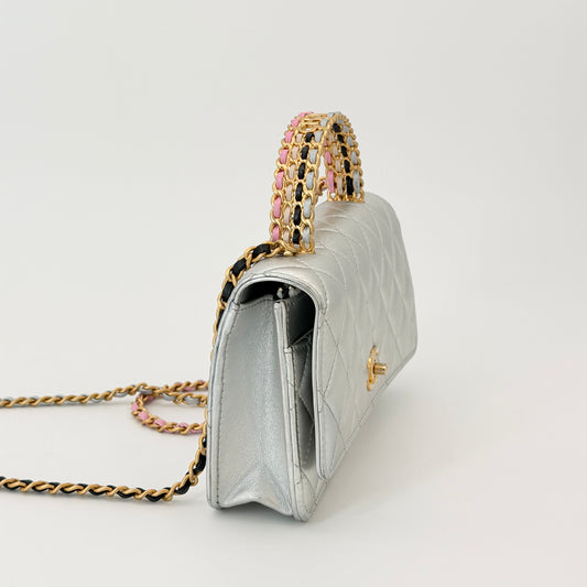 Chanel Silver Flap Top Handle Crossbody Bag