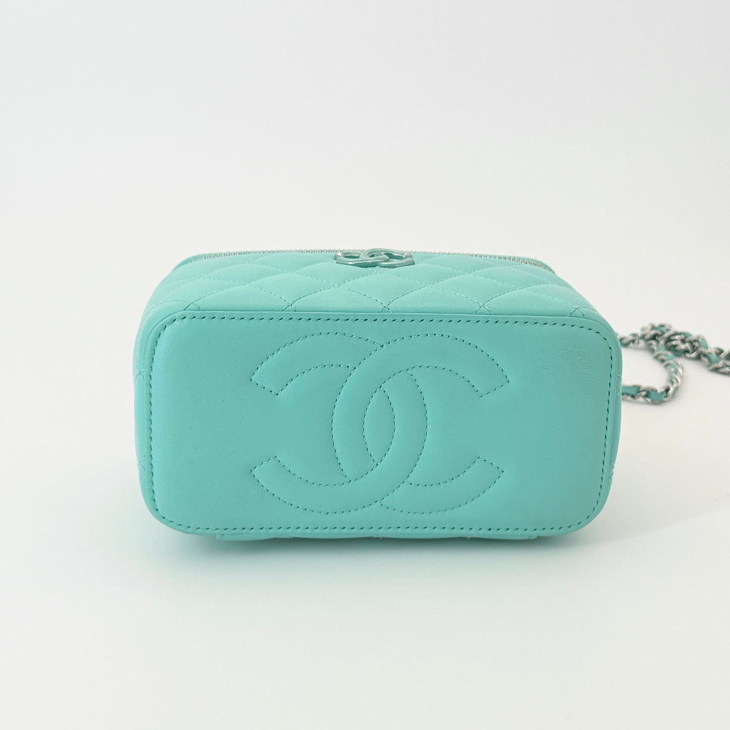 Chanel Lambskin Quilted Small Top Handle Vanity Case With Chain Turquoise