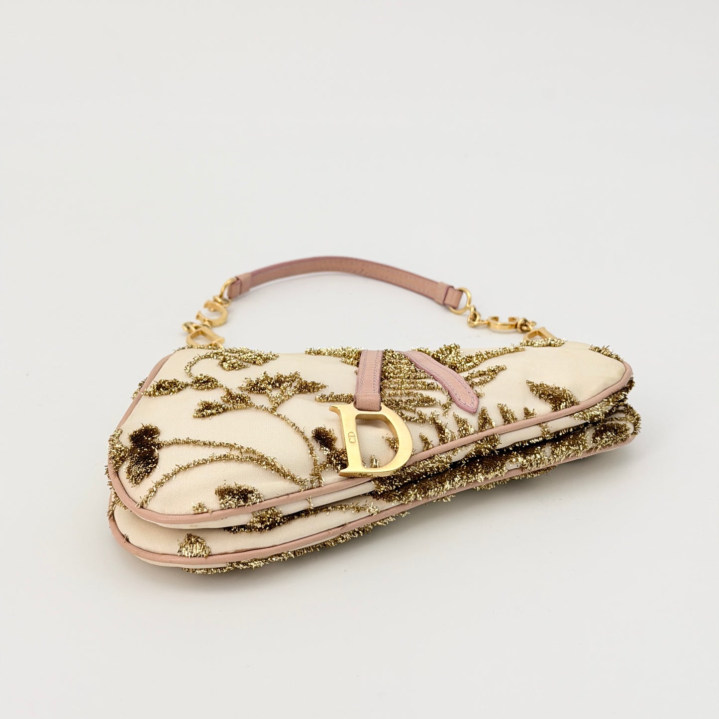 Christian Dior Satin Embroidered Mini Frame Saddle White Gold Pink