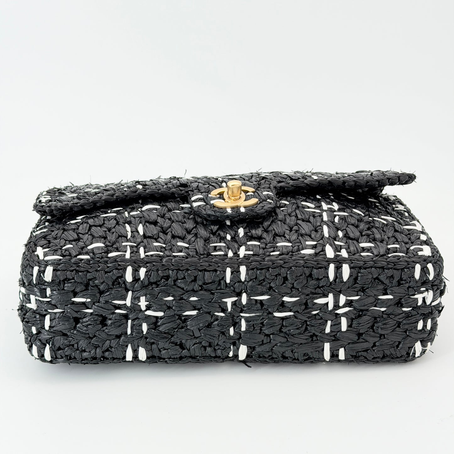 Chanel Raffia Effect Medium Tweedy Flap Bag Black White