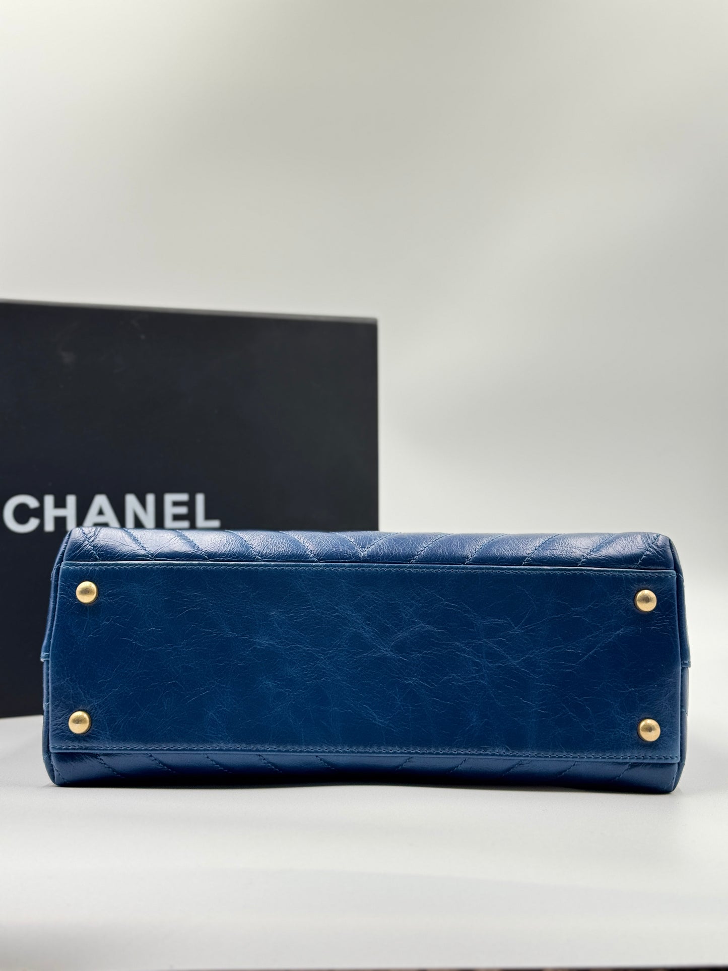CHANEL Medium Coco Handle Blue Chevron Bag Gold Hardware