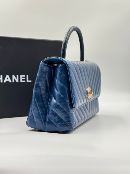 CHANEL Medium Coco Handle Blue Chevron Bag Gold Hardware