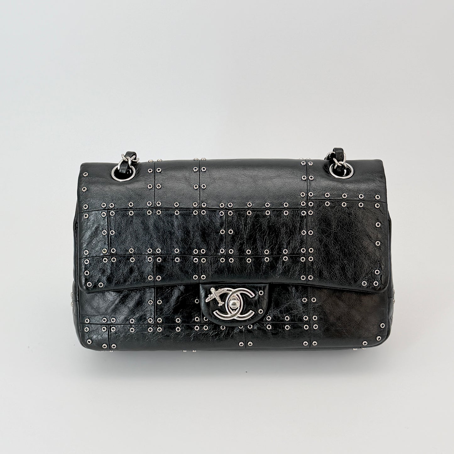 Chanel Black Glazed Airlines Medium Double Flap Bag