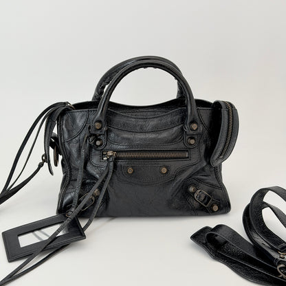 Balenciaga Classic Mini City Handbag Distressed Crinkled Black Leather