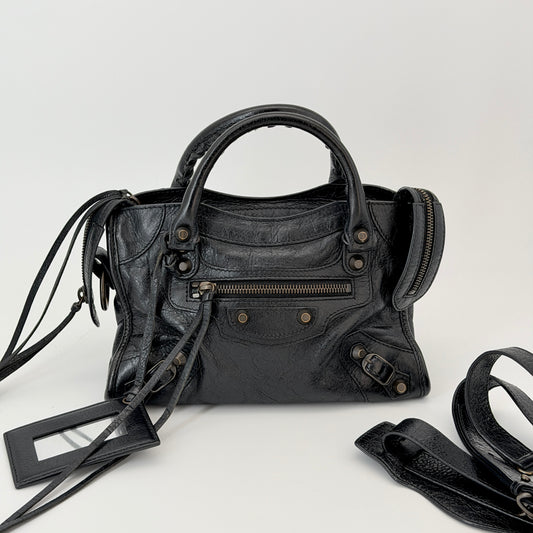 Balenciaga Classic Mini City Handbag Distressed Crinkled Black Leather