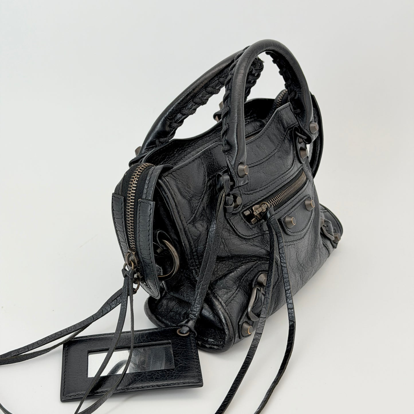 Balenciaga Classic Mini City Handbag Distressed Crinkled Black Leather