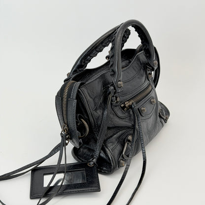 Balenciaga Classic Mini City Handbag Distressed Crinkled Black Leather