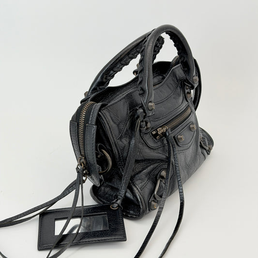 Balenciaga Classic Mini City Handbag Distressed Crinkled Black Leather