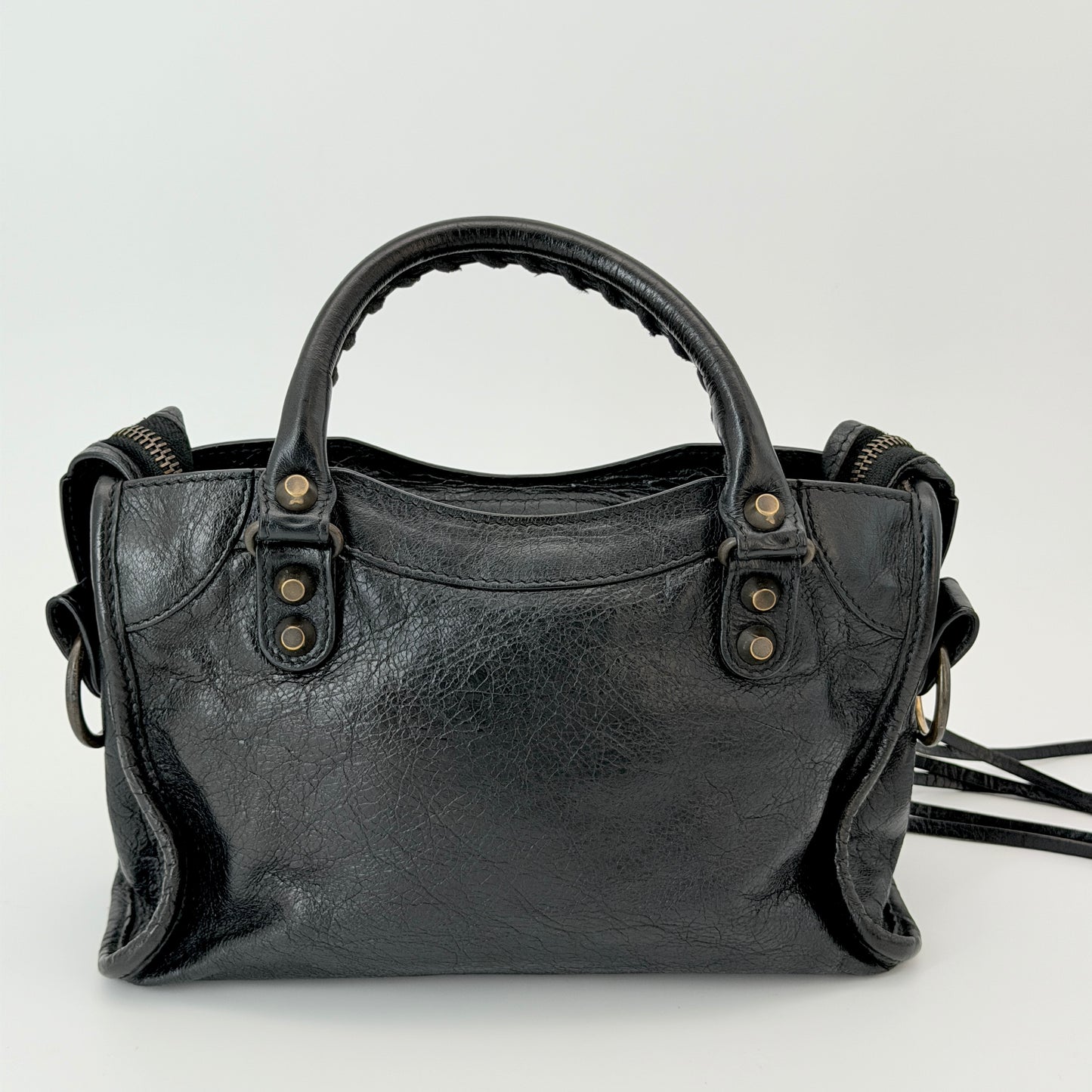 Balenciaga Classic Mini City Handbag Distressed Crinkled Black Leather