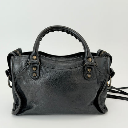 Balenciaga Classic Mini City Handbag Distressed Crinkled Black Leather