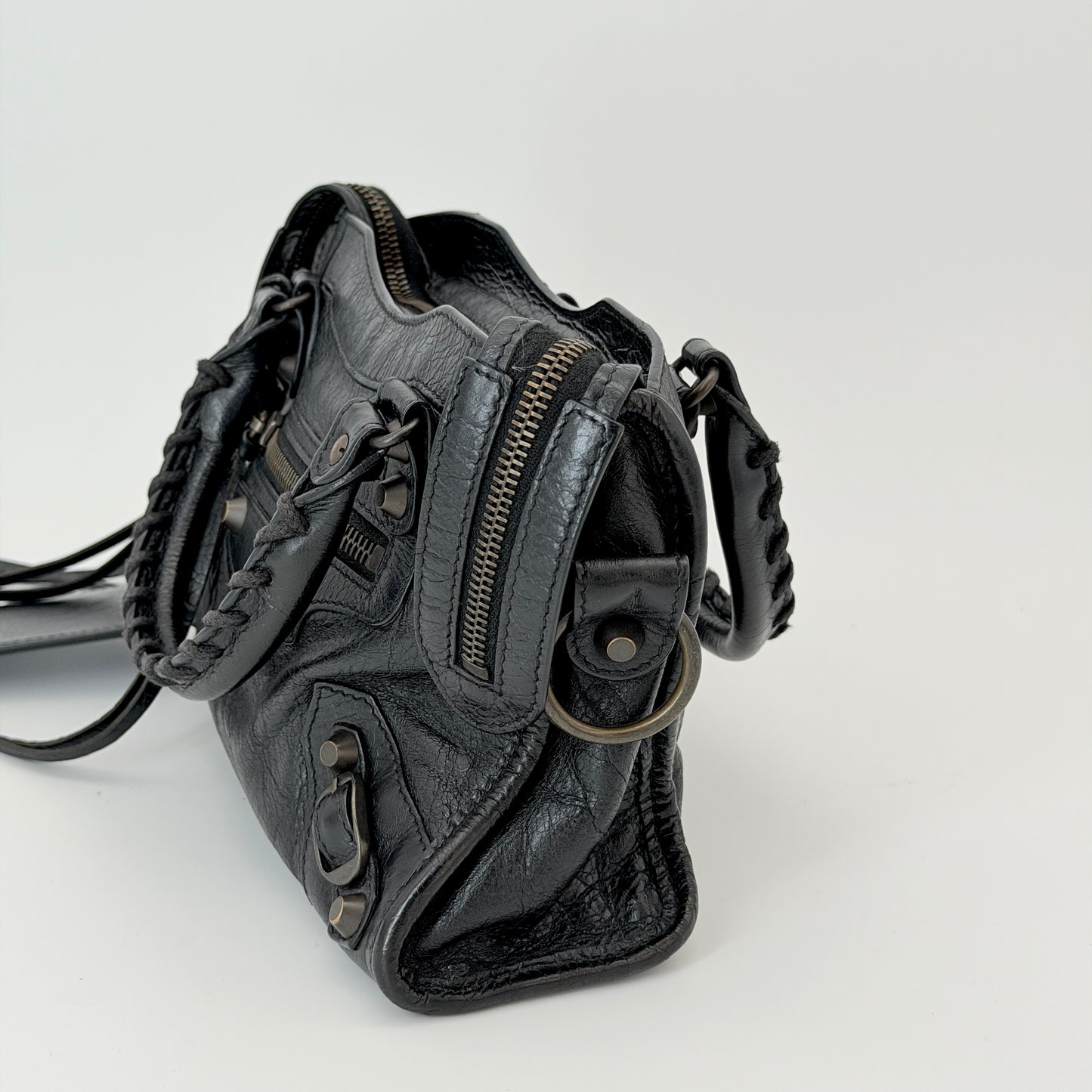 Balenciaga Classic Mini City Handbag Distressed Crinkled Black Leather