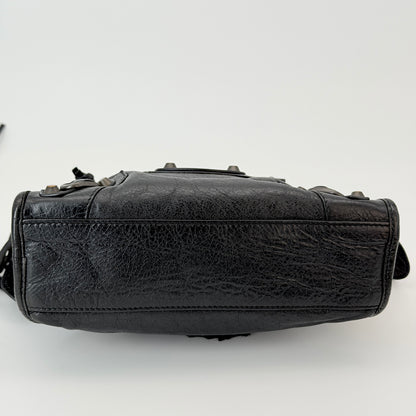Balenciaga Classic Mini City Handbag Distressed Crinkled Black Leather