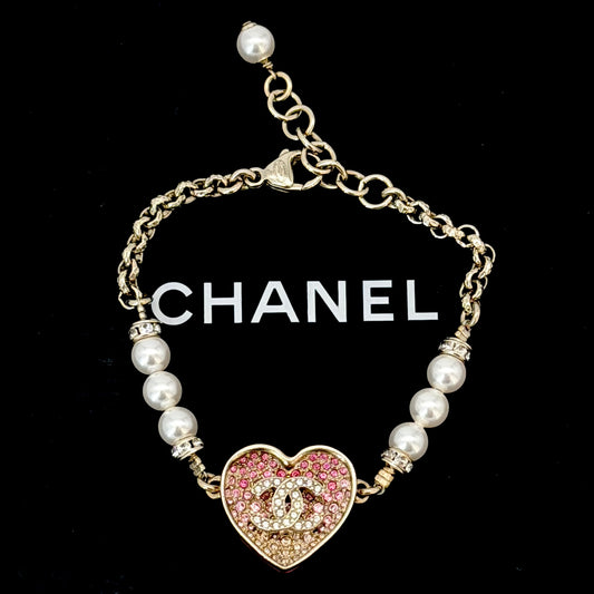 CHANEL Pink Enamel Heart Interlocking CC Logo Bracelet