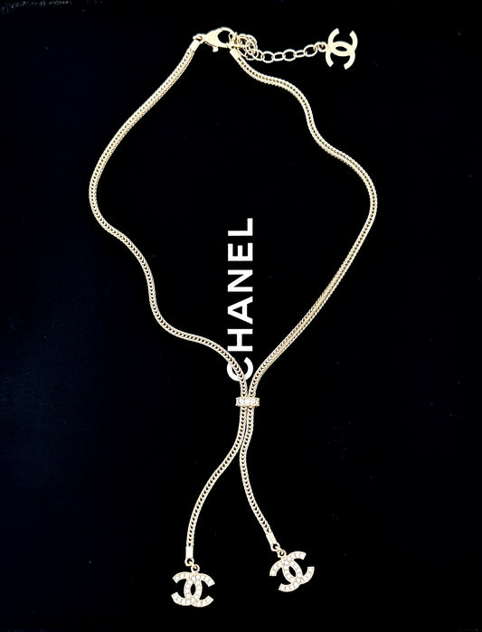 CHANEL Double Interlocking CC Charms Slim Silver Chain Necklace
