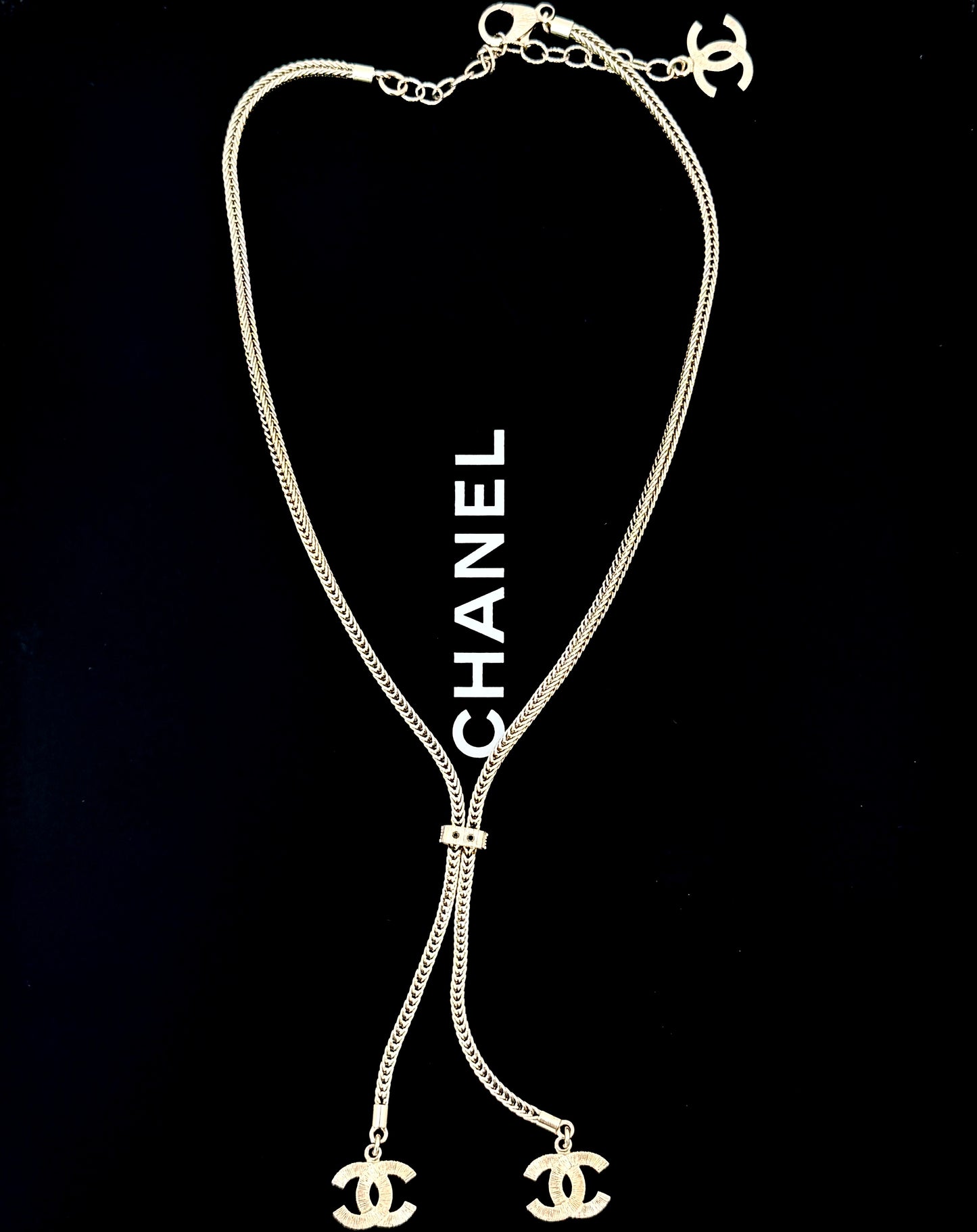 CHANEL Double Interlocking CC Charms Slim Silver Chain Necklace