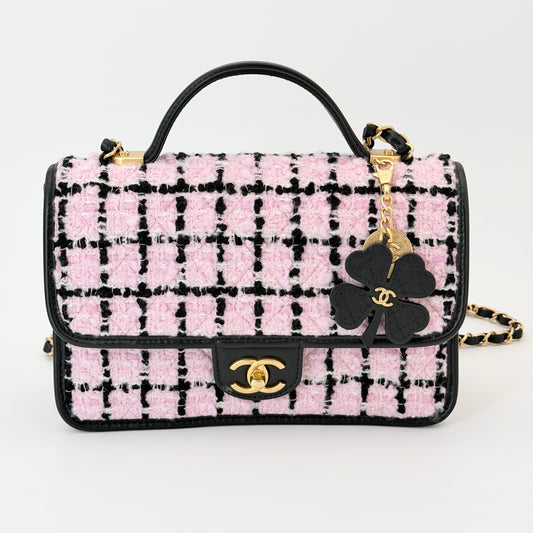 Chanel Tweed School Memory Flap Bag - Pink Handle Bag