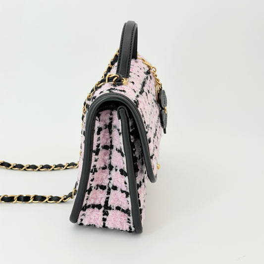 Chanel Tweed School Memory Flap Bag - Pink Handle Bag