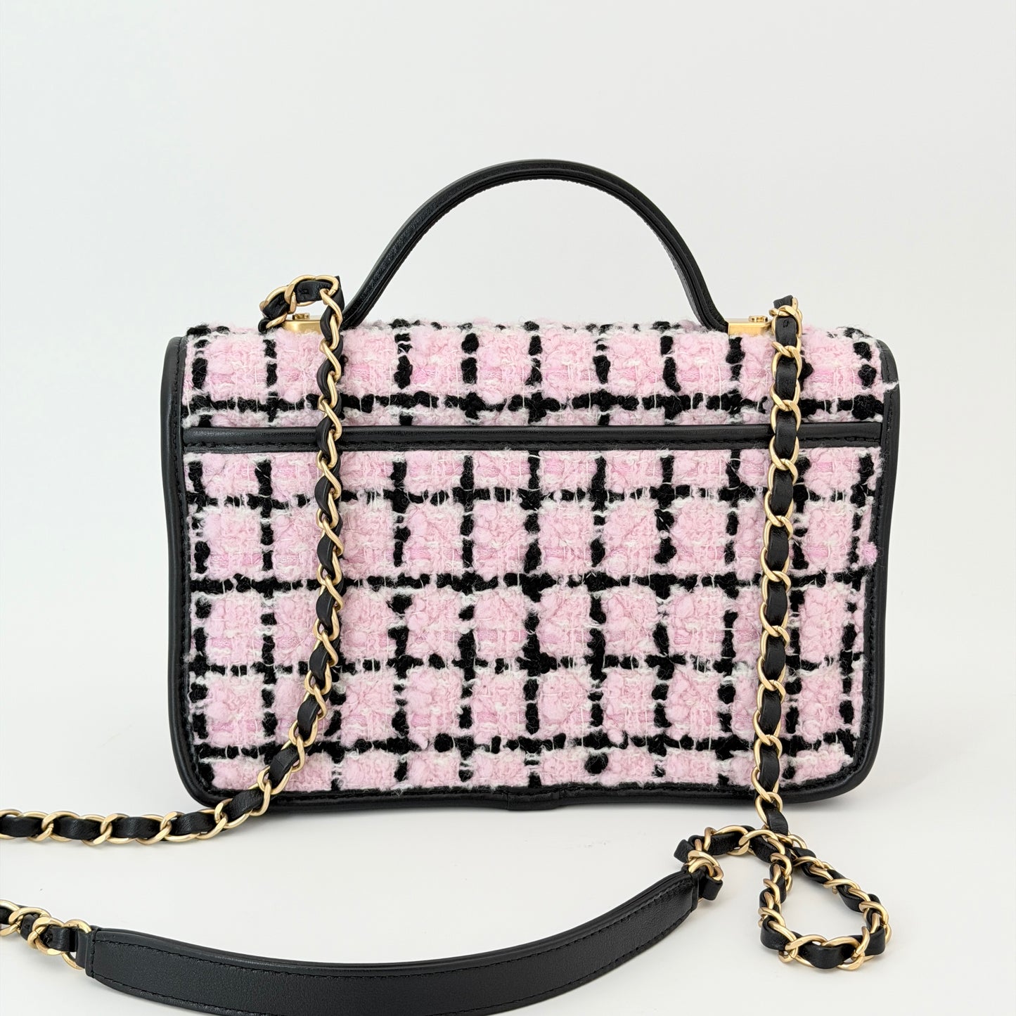 Chanel Tweed School Memory Flap Bag - Pink Handle Bag