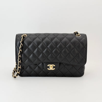 Chanel Black Quilted Caviar Leather Jumbo Classic Double Flap Bag