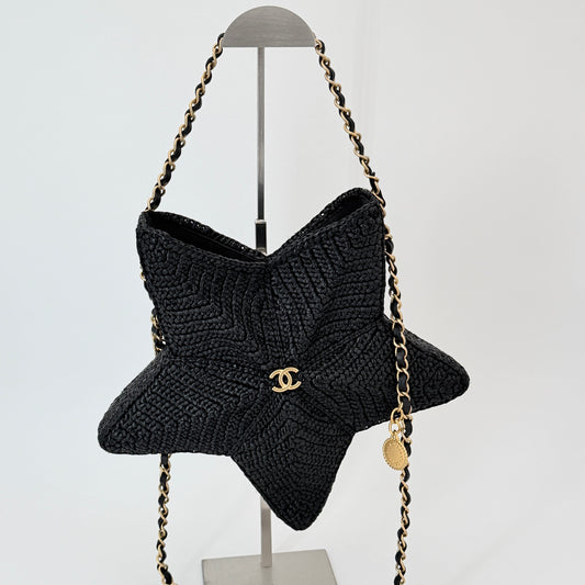 Chanel Raffia Star Coco Beach Bag Black