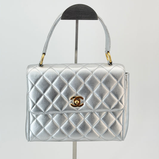 Chanel Silver Leather Top Handle Bag