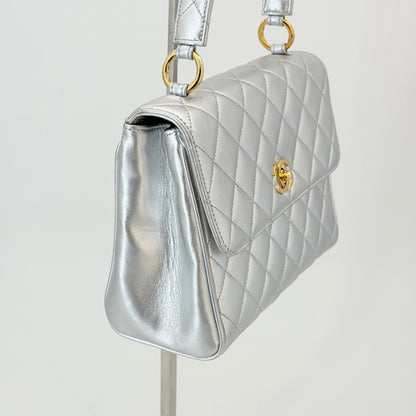 Chanel Silver Leather Top Handle Bag