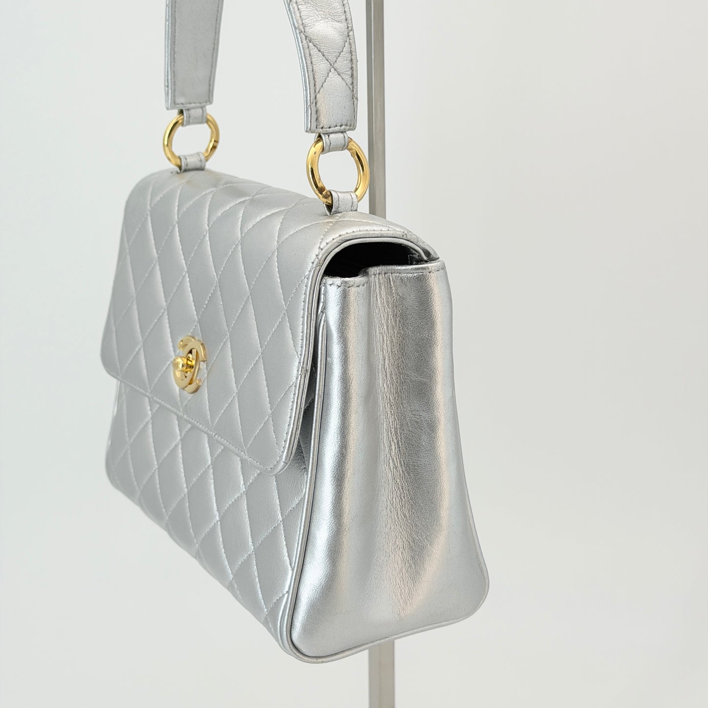 Chanel Silver Leather Top Handle Bag