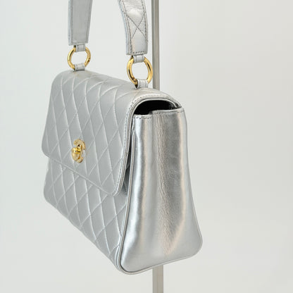 Chanel Silver Leather Top Handle Bag