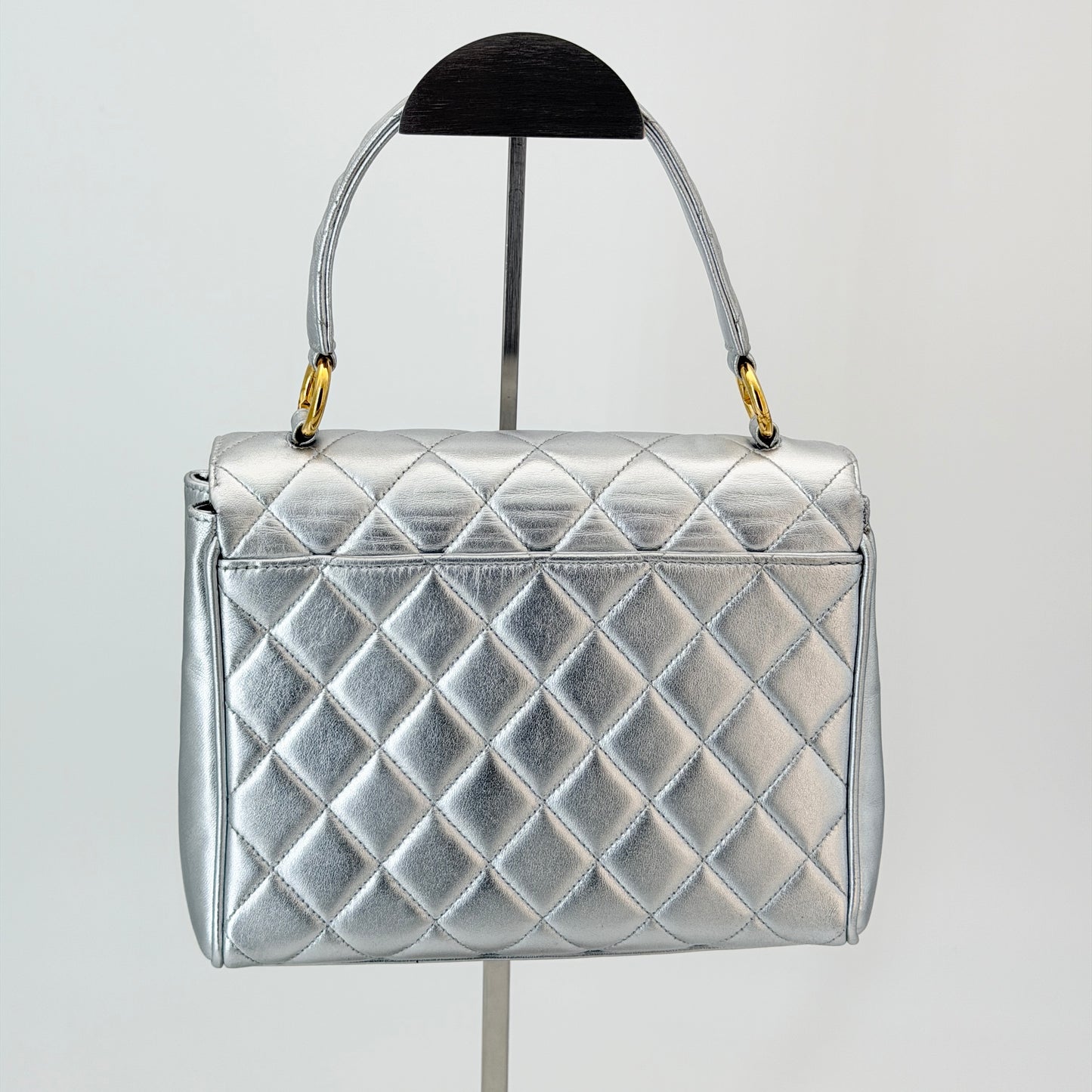 Chanel Silver Leather Top Handle Bag