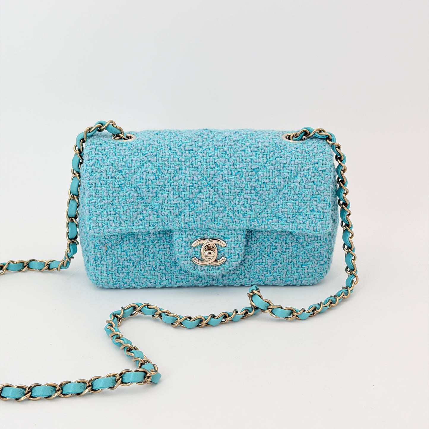 Chanel Wool Tweed Quilted Mini Rectangular Flap Turquoise Light Blue
