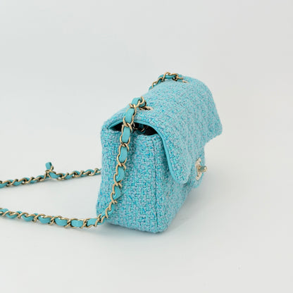 Chanel Wool Tweed Quilted Mini Rectangular Flap Turquoise Light Blue