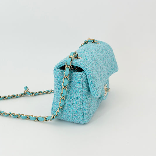 Chanel Wool Tweed Quilted Mini Rectangular Flap Turquoise Light Blue