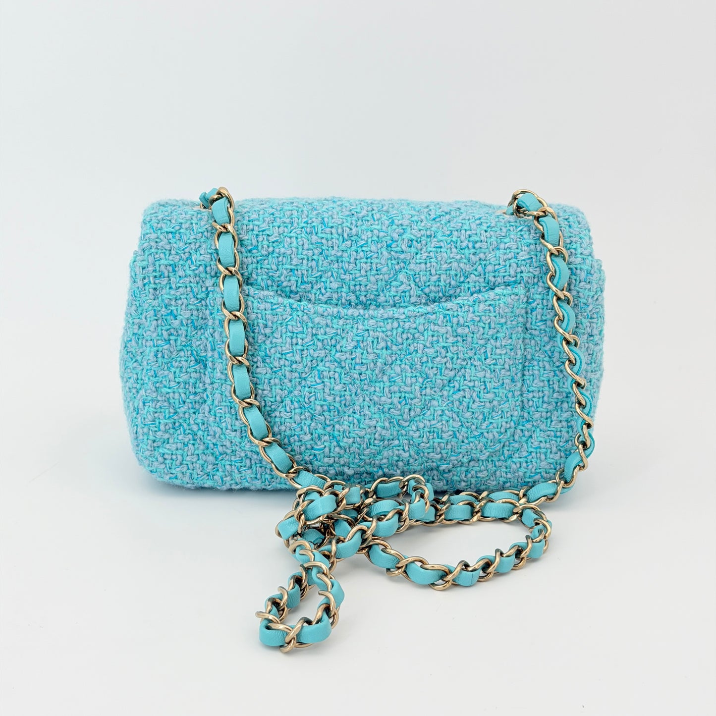 Chanel Wool Tweed Quilted Mini Rectangular Flap Turquoise Light Blue