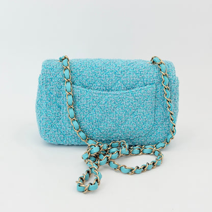 Chanel Wool Tweed Quilted Mini Rectangular Flap Turquoise Light Blue