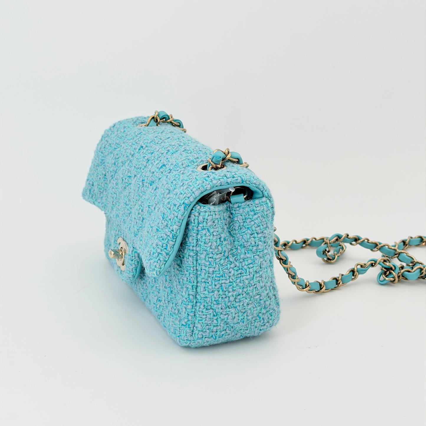 Chanel Wool Tweed Quilted Mini Rectangular Flap Turquoise Light Blue