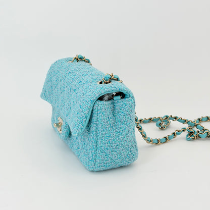Chanel Wool Tweed Quilted Mini Rectangular Flap Turquoise Light Blue