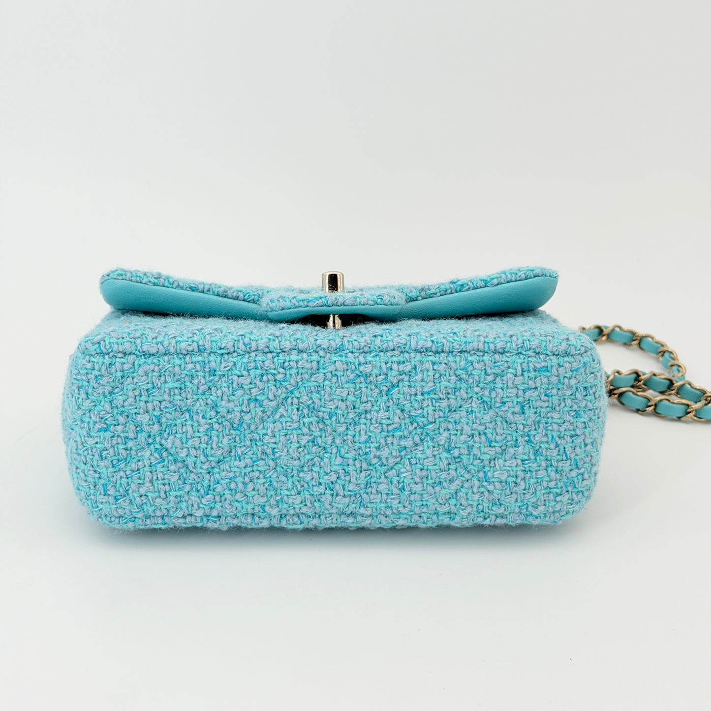 Chanel Wool Tweed Quilted Mini Rectangular Flap Turquoise Light Blue