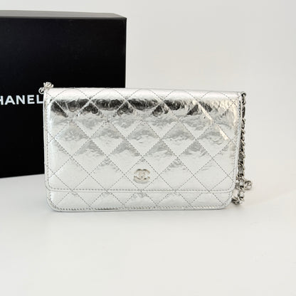 Chanel Hammered Metallic Calfskin Quilted Wallet On Chain