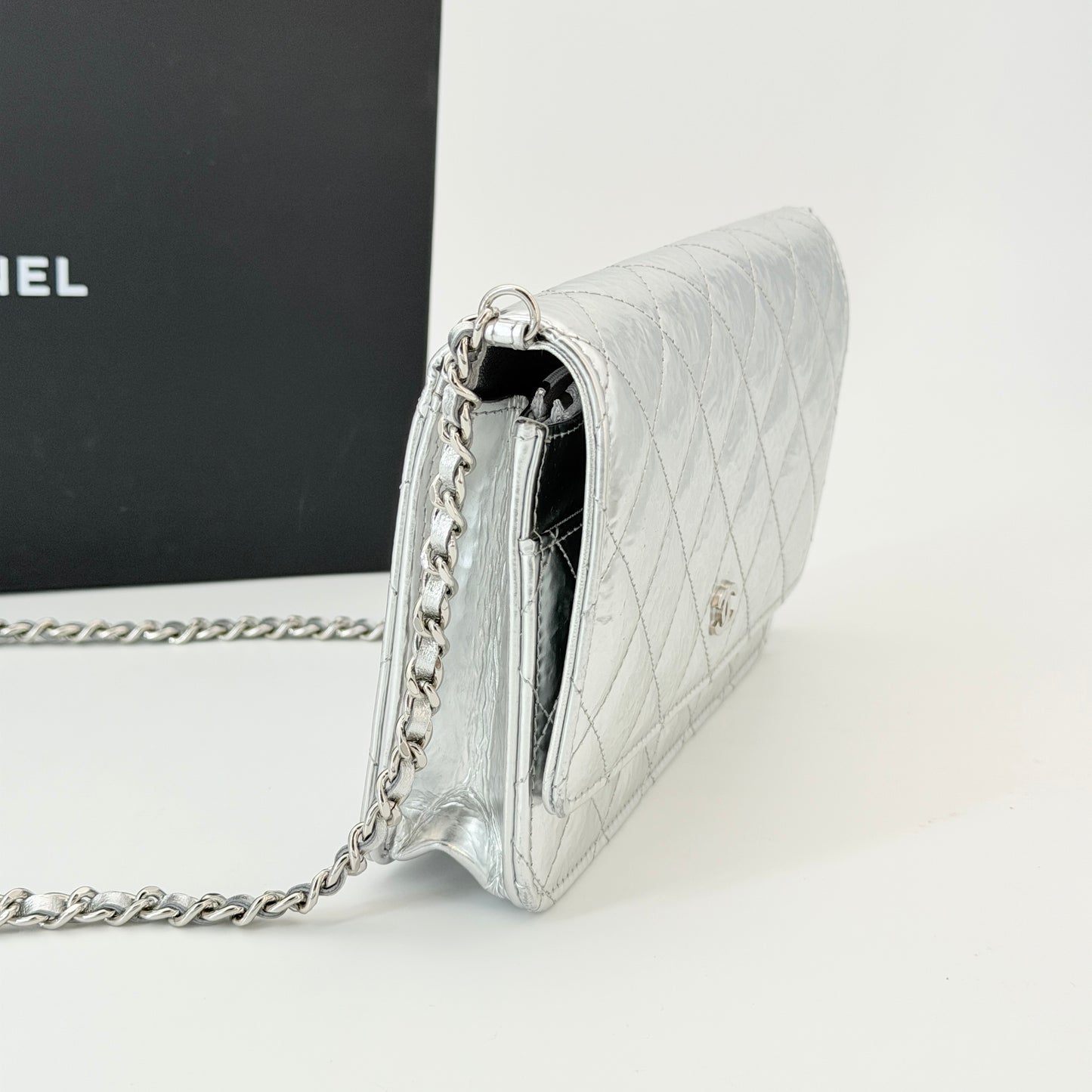 Chanel Hammered Metallic Calfskin Quilted Wallet On Chain