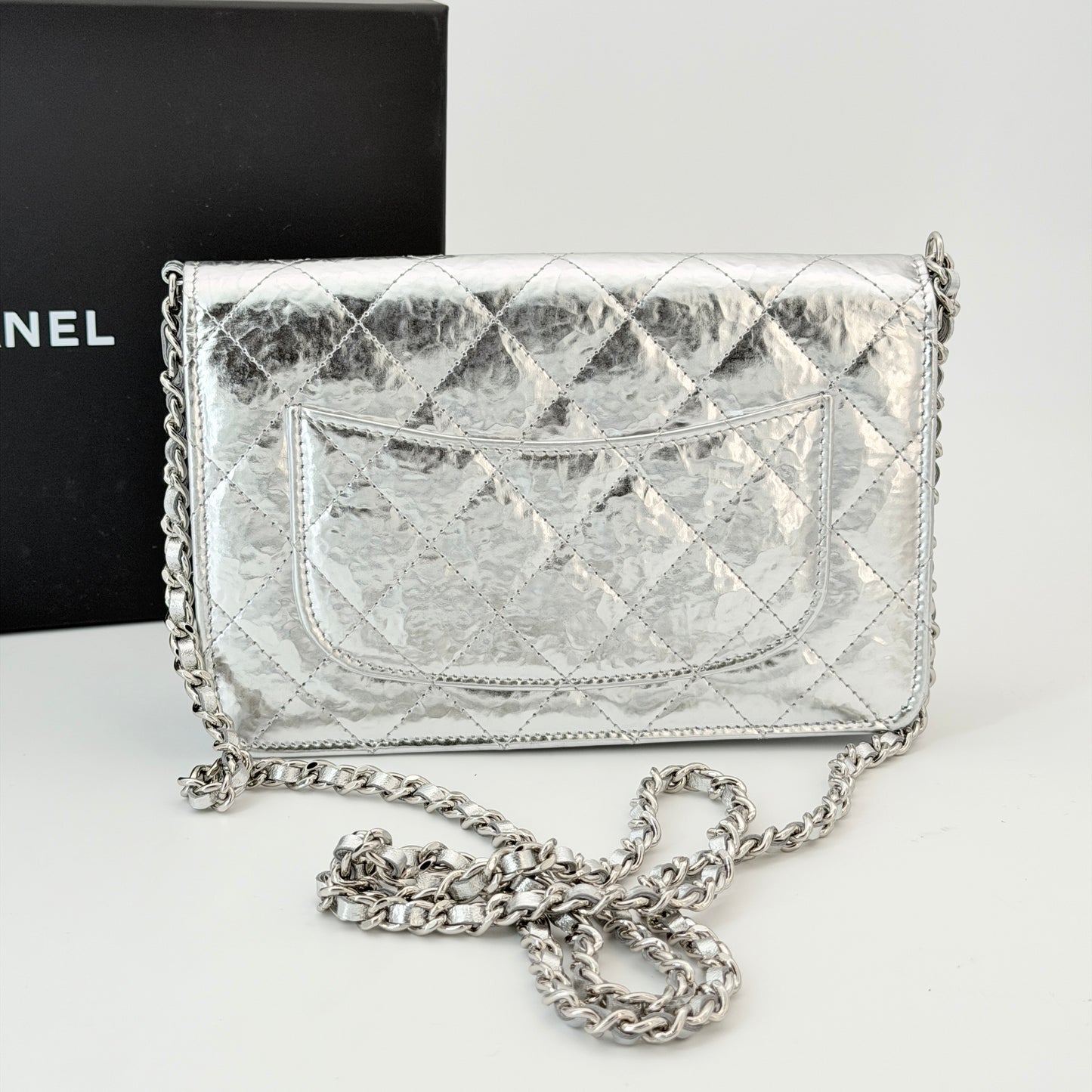 Chanel Hammered Metallic Calfskin Quilted Wallet On Chain