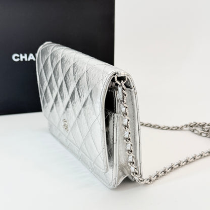 Chanel Hammered Metallic Calfskin Quilted Wallet On Chain