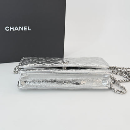 Chanel Hammered Metallic Calfskin Quilted Wallet On Chain