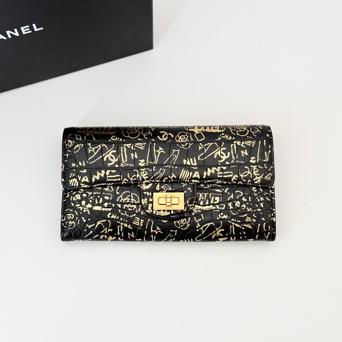 CHANEL 2.55 Long Wallet Croco Embossed Black Gold CC