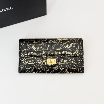 CHANEL 2.55 Long Wallet Croco Embossed Black Gold CC