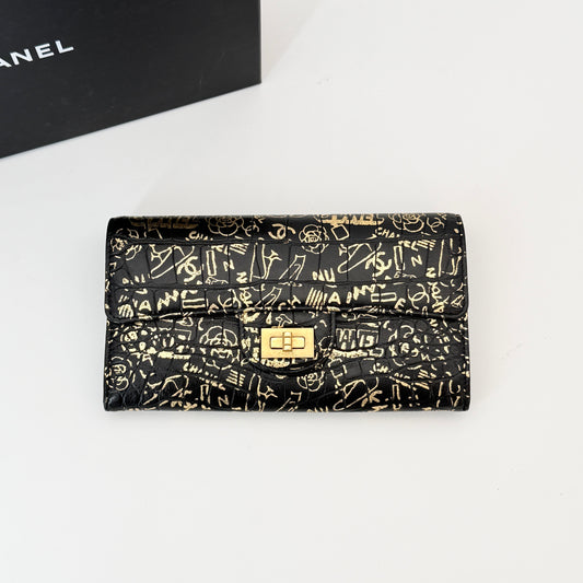 CHANEL 2.55 Long Wallet Croco Embossed Black Gold CC