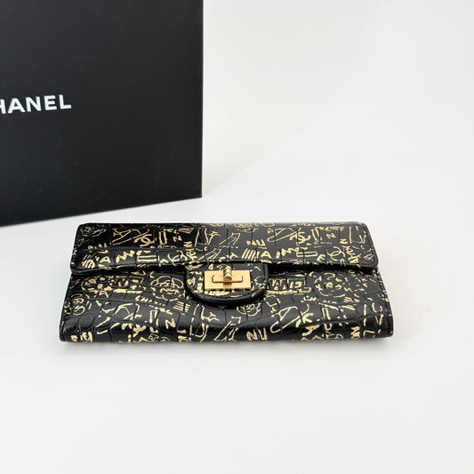 CHANEL 2.55 Long Wallet Croco Embossed Black Gold CC